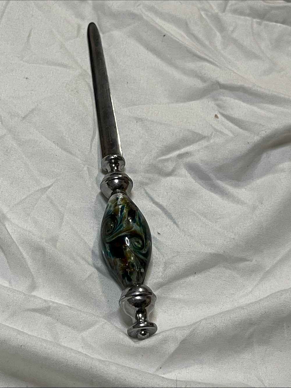 Murano Teal and Silver Swirl Glass-Handled Letter Opener